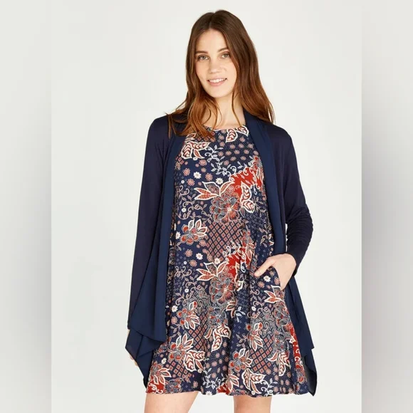 APRICOT Navy Floral Print Dress with Red and Cream Accents - Picture 1 of 12